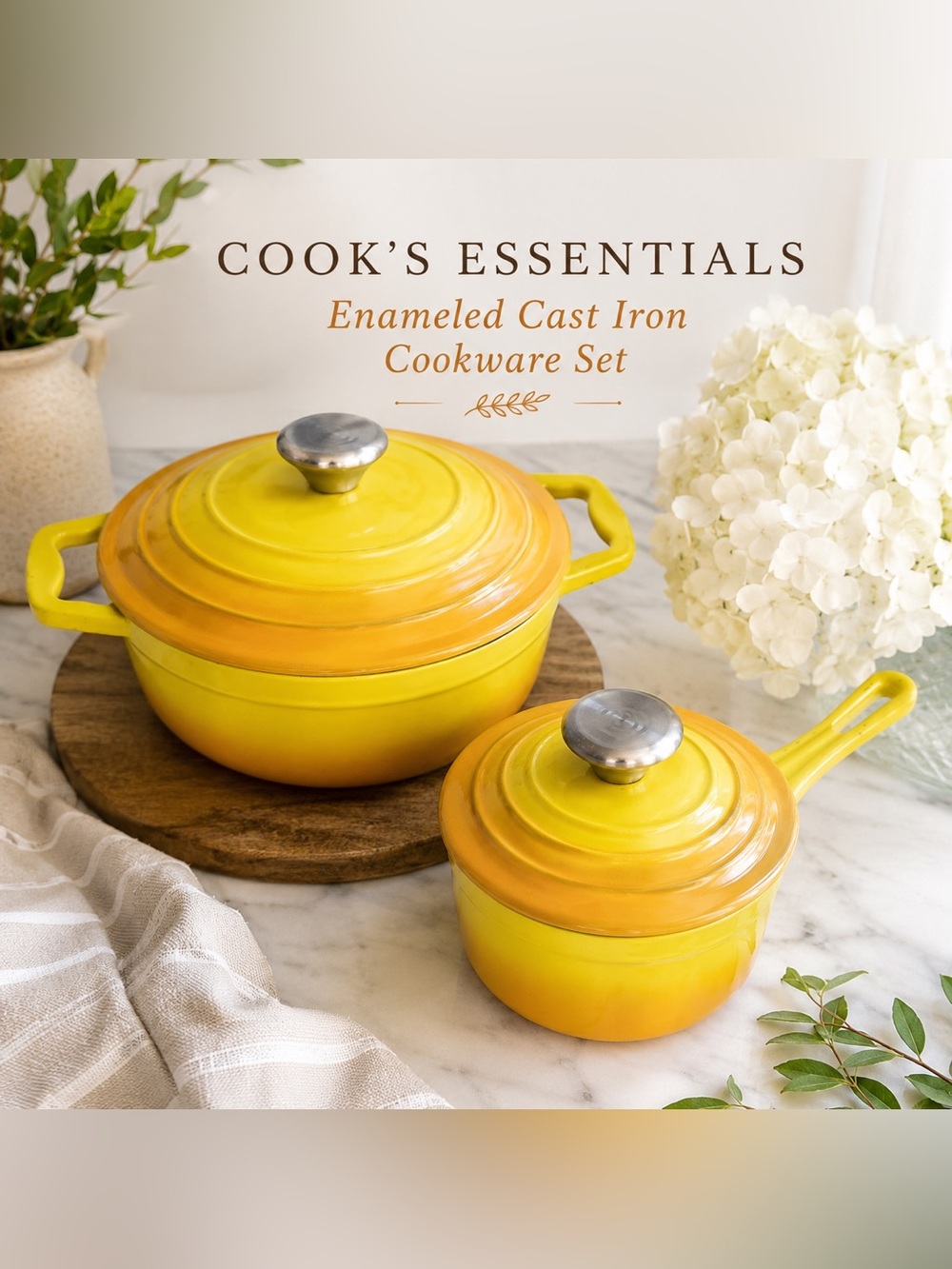Cook’s Essentials Yellow Orange Enameled Cast Iron Mini Dutch Oven & Saucepan